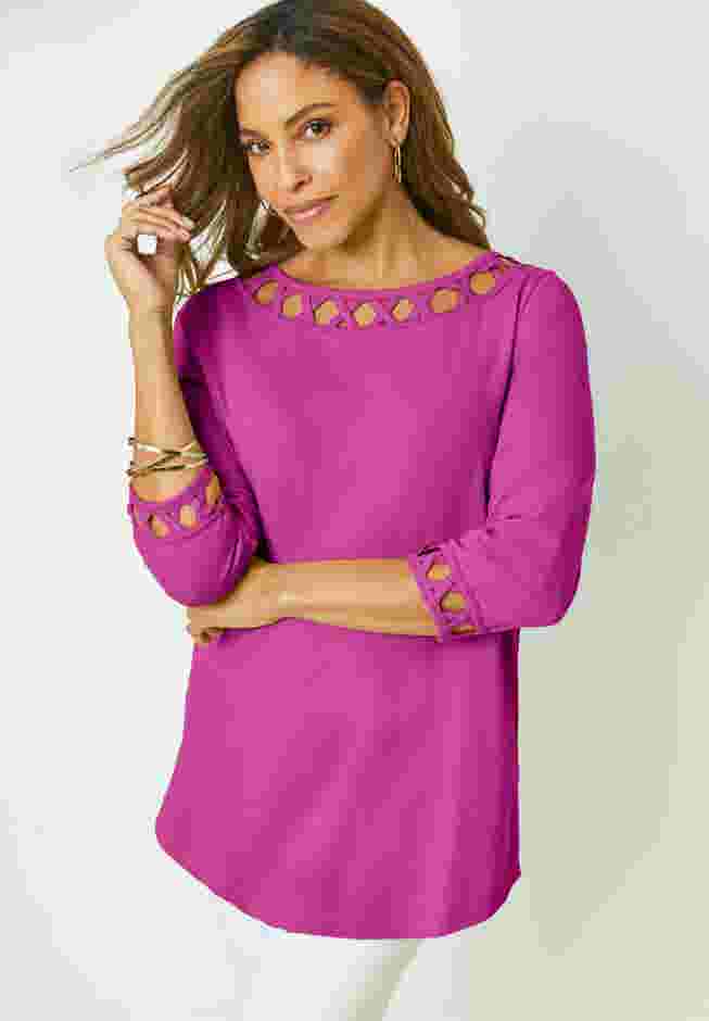 Stretch Cotton Lattice Boatneck Tunic image number 3