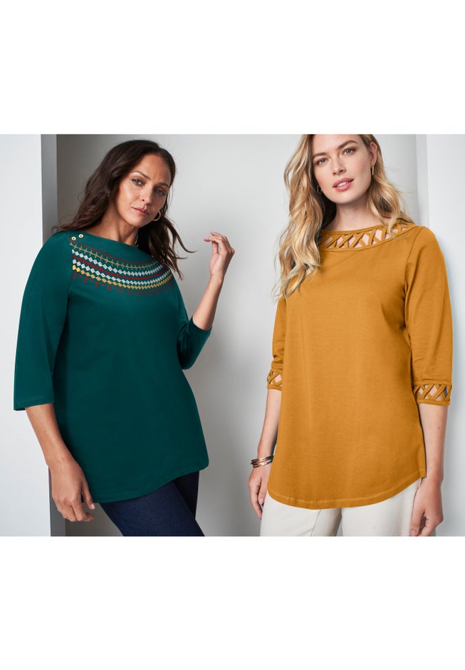 Stretch Cotton Lattice Boatneck Tunic image number 2