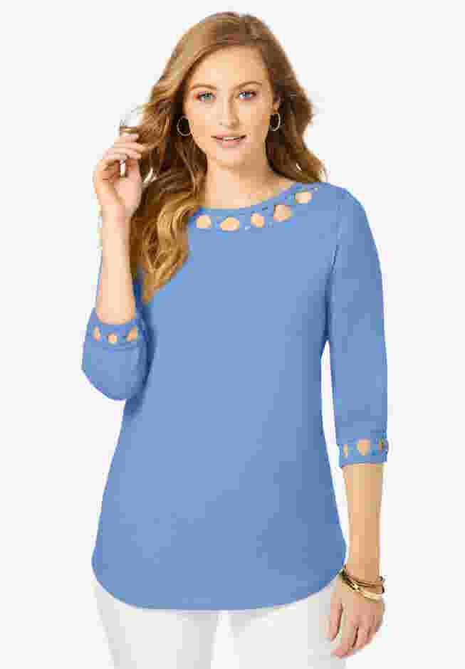Stretch Cotton Lattice Boatneck Tunic image number 0