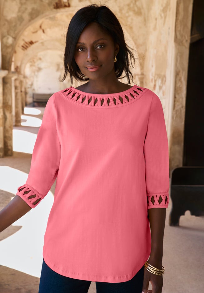Stretch Cotton Lattice Boatneck Tunic image number 0