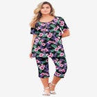 Plus Size 2-Piece Printed Henley Top and Capri Set image number null
