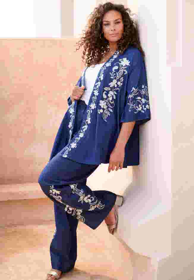 Embroidered Pull-On Wide-Leg Chambray Pant image number 0