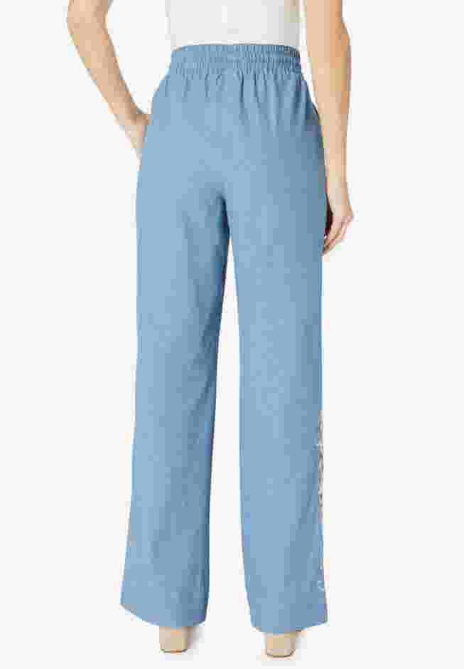 Embroidered Pull-On Wide-Leg Chambray Pant image number 2