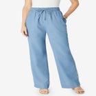 Plus Size Embroidered Pull-On Wide-Leg Chambray Pant image number null