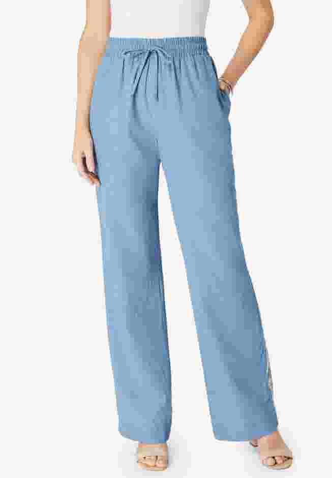 Embroidered Pull-On Wide-Leg Chambray Pant image number 3