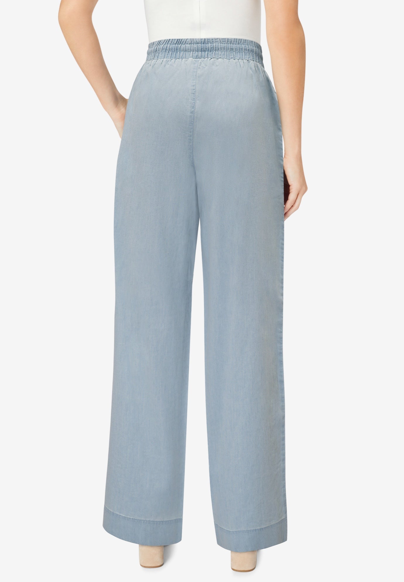 Plus Size Embroidered Pull-On Wide-Leg Chambray Pant image number 1