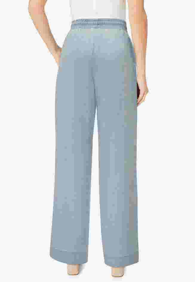 Embroidered Pull-On Wide-Leg Chambray Pant image number 1