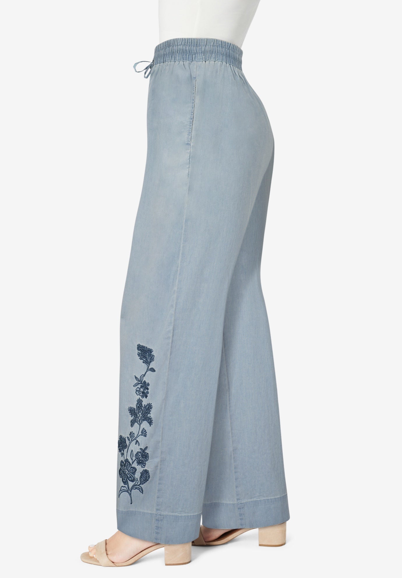 Plus Size Embroidered Pull-On Wide-Leg Chambray Pant image number 2