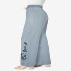 Plus Size Embroidered Pull-On Wide-Leg Chambray Pant image number null
