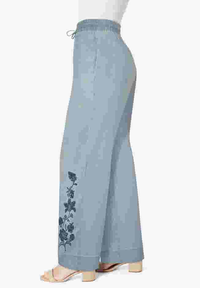 Embroidered Pull-On Wide-Leg Chambray Pant image number 2