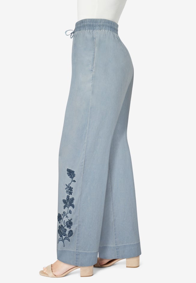 Plus Size Embroidered Pull-On Wide-Leg Chambray Pant image number 2
