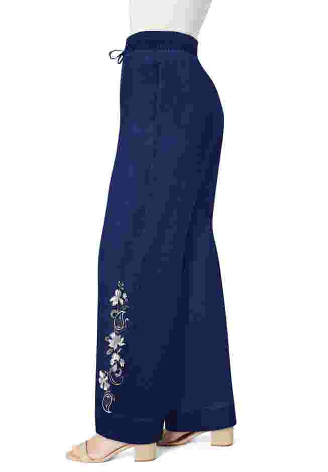 Embroidered Pull-On Wide-Leg Chambray Pant image number 3