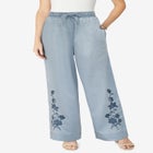 Plus Size Embroidered Pull-On Wide-Leg Chambray Pant image number null