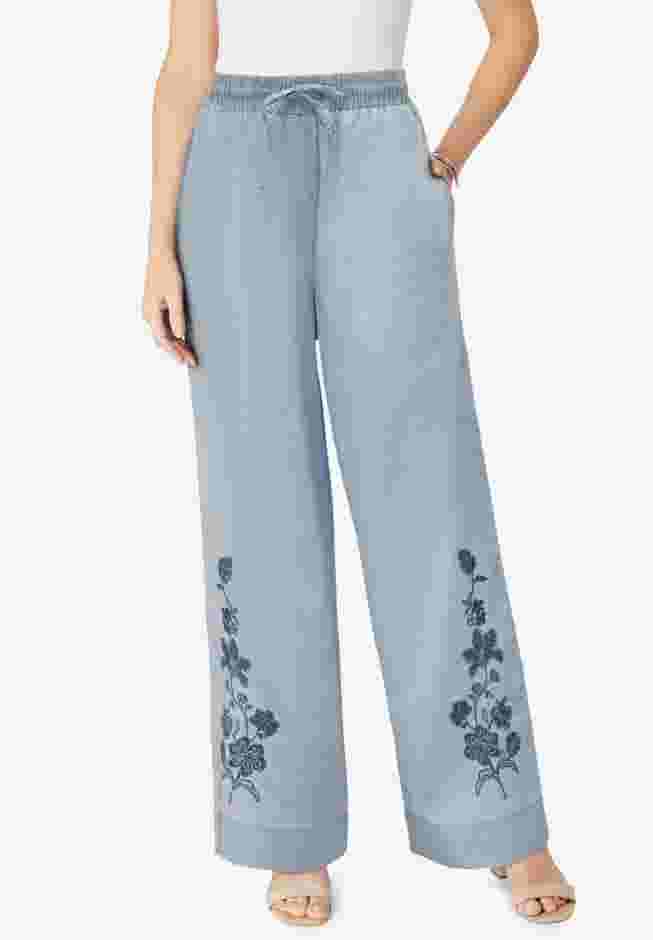Embroidered Pull-On Wide-Leg Chambray Pant image number 0
