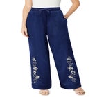 Plus Size Embroidered Pull-On Wide-Leg Chambray Pant image number null
