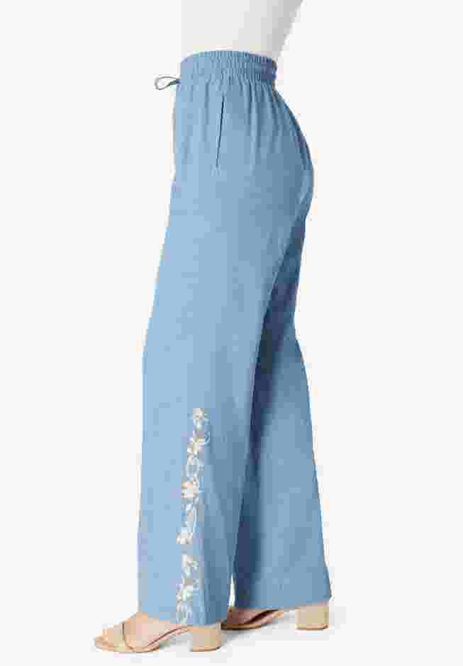 Embroidered Pull-On Wide-Leg Chambray Pant image number 1