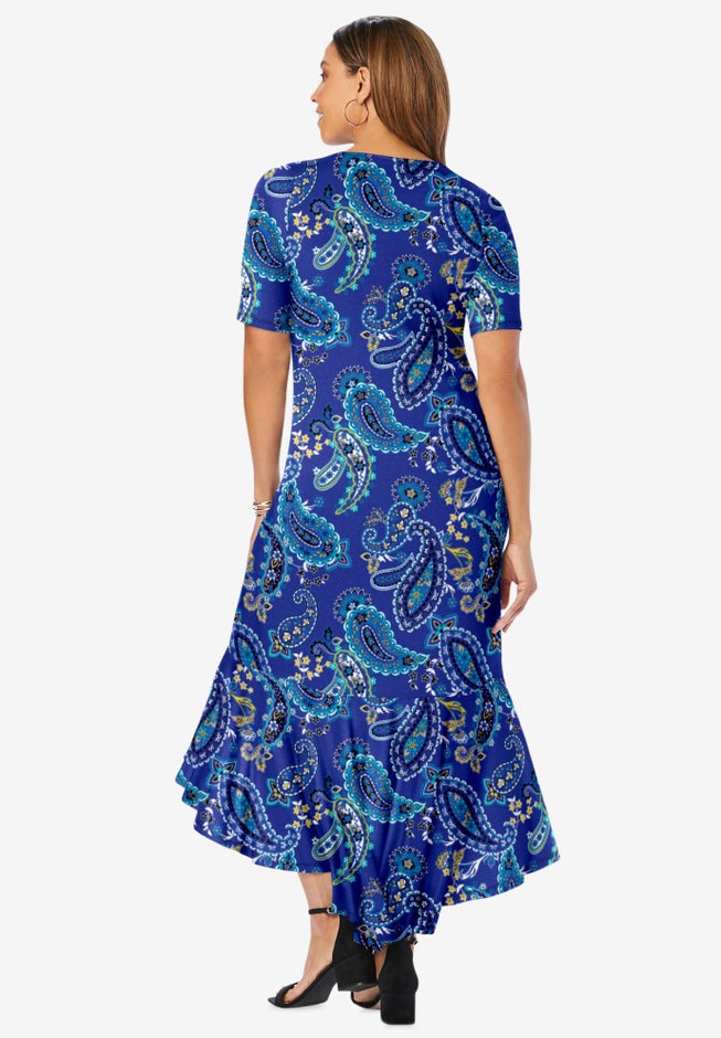 Fashionable Stretch Knit Flounce Hem Maxi Dress, Black White Ornate Paisley | Roaman's Fashionable Stretch Knit Flounce Hem Maxi Dress, Black White Ornate Paisley | Roaman's
