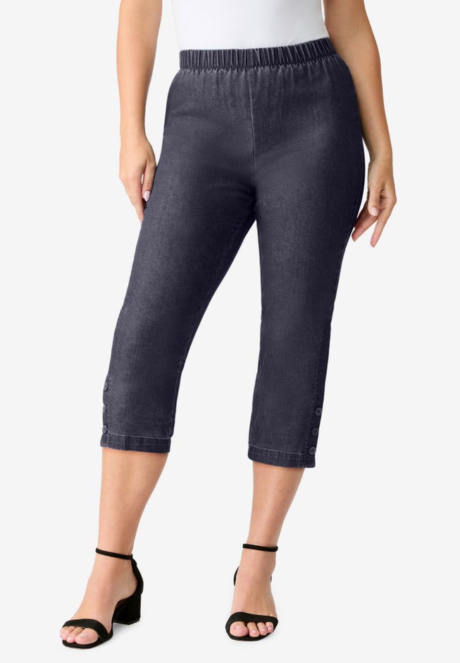 Plus Size Comfort Stretch Button Detail Capri Jean image number 1