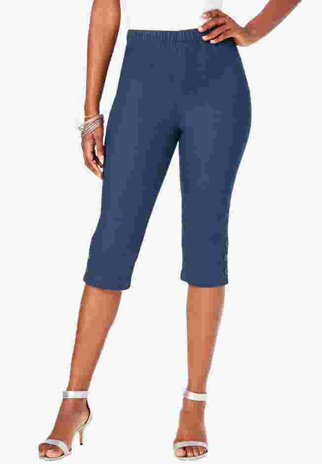 Plus Size Comfort Stretch Button Detail Capri Jean image number 1