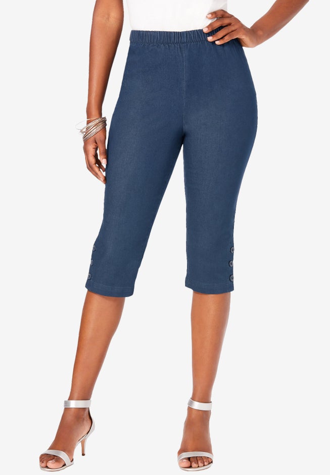 Plus Size Comfort Stretch Button Detail Capri Jean image number 1