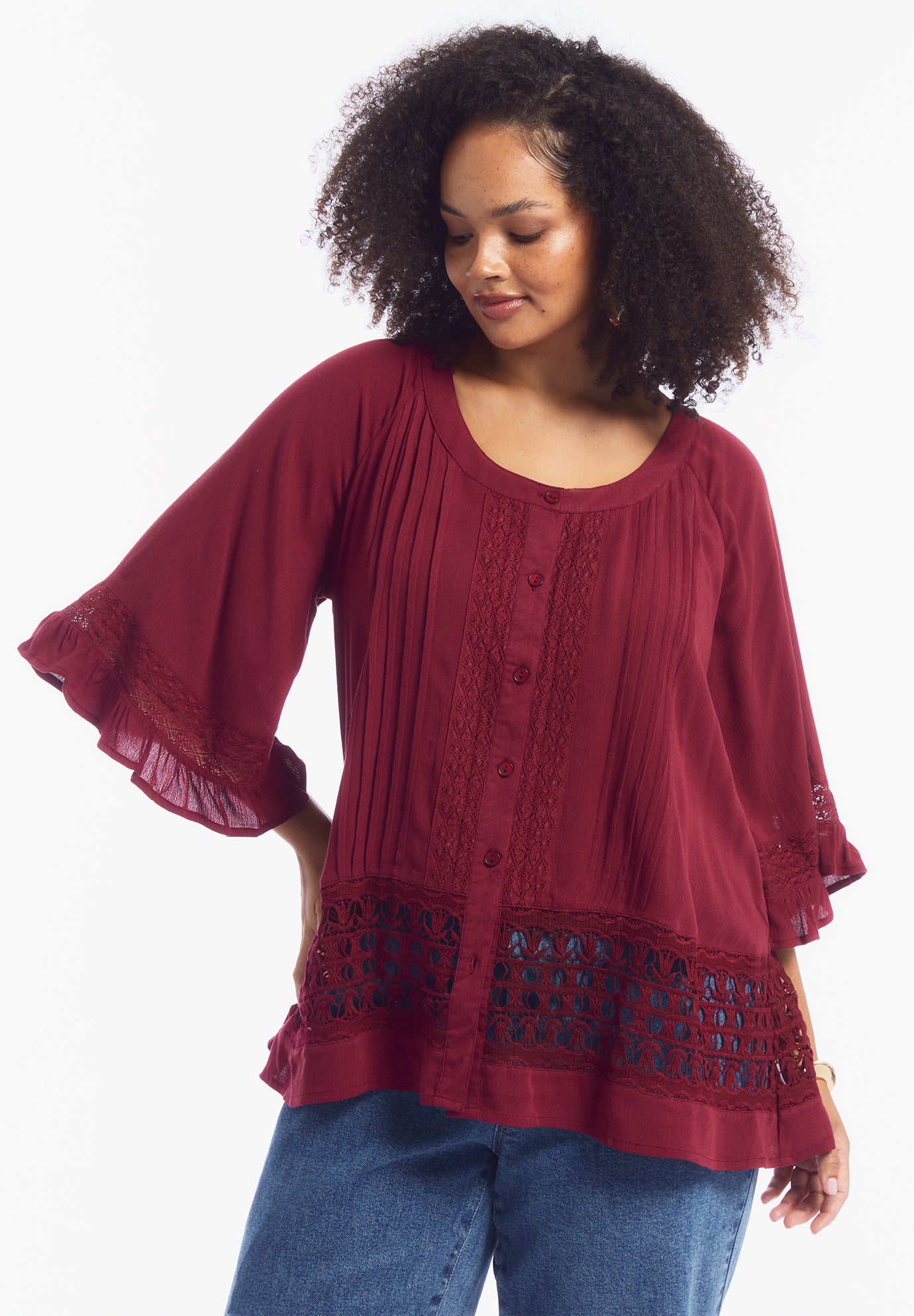 Lace-Trimmed Boho Blouse image number 1