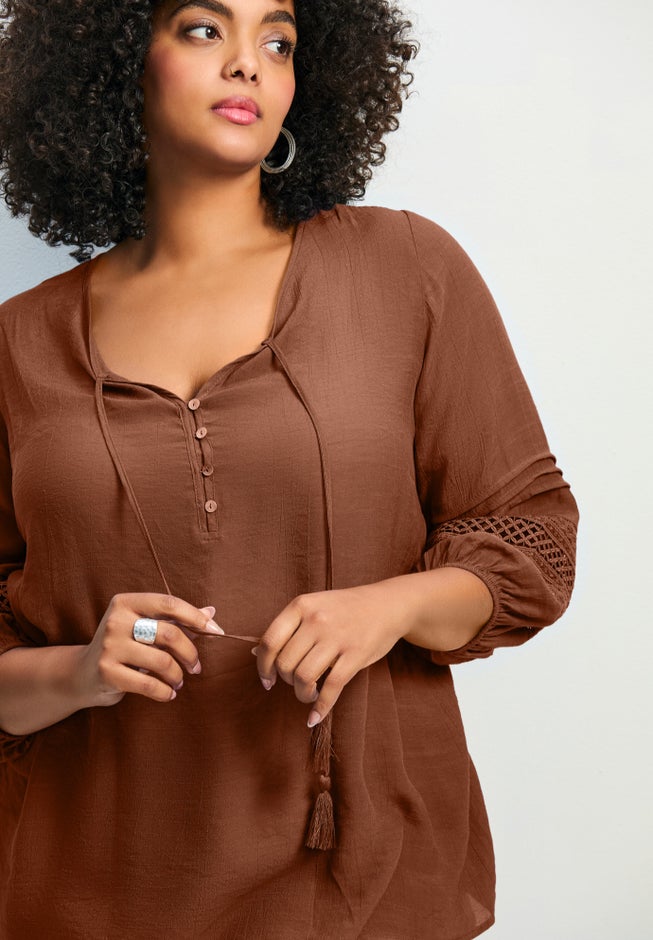 Pintuck Lace Peasant Top image number 3