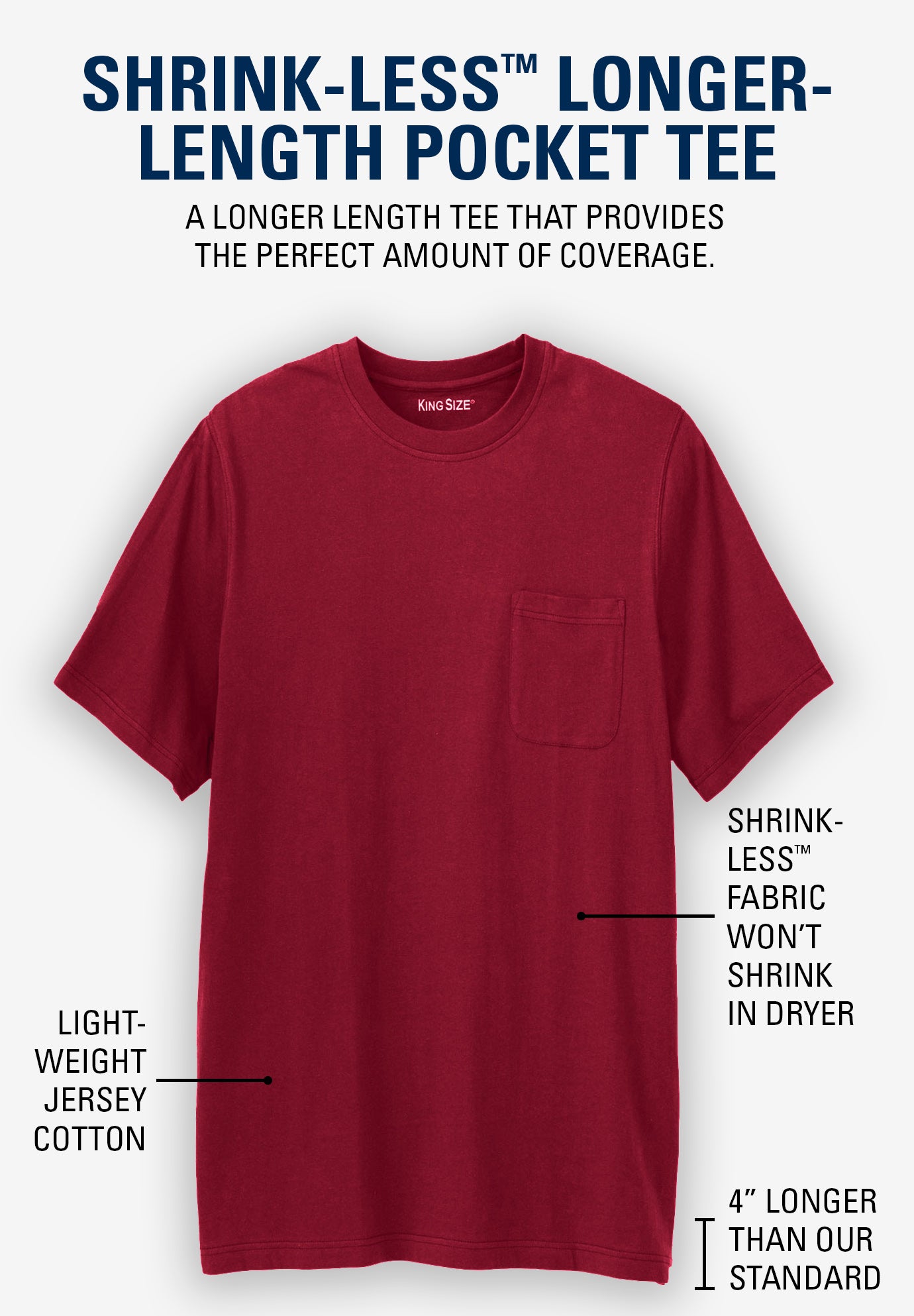 Shrink-Less™ Lightweight Longer-Length Crewneck Pocket T-Shirt image number 1