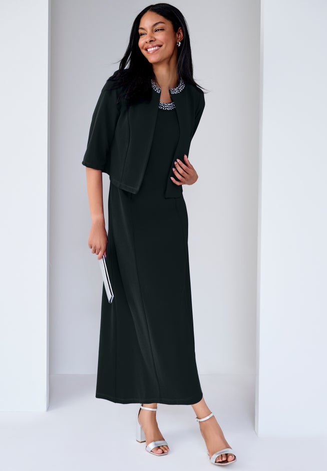 beaded jacket dresses Long Formal Dress with Beaded Long-Sleeve Jacket Navy / 14