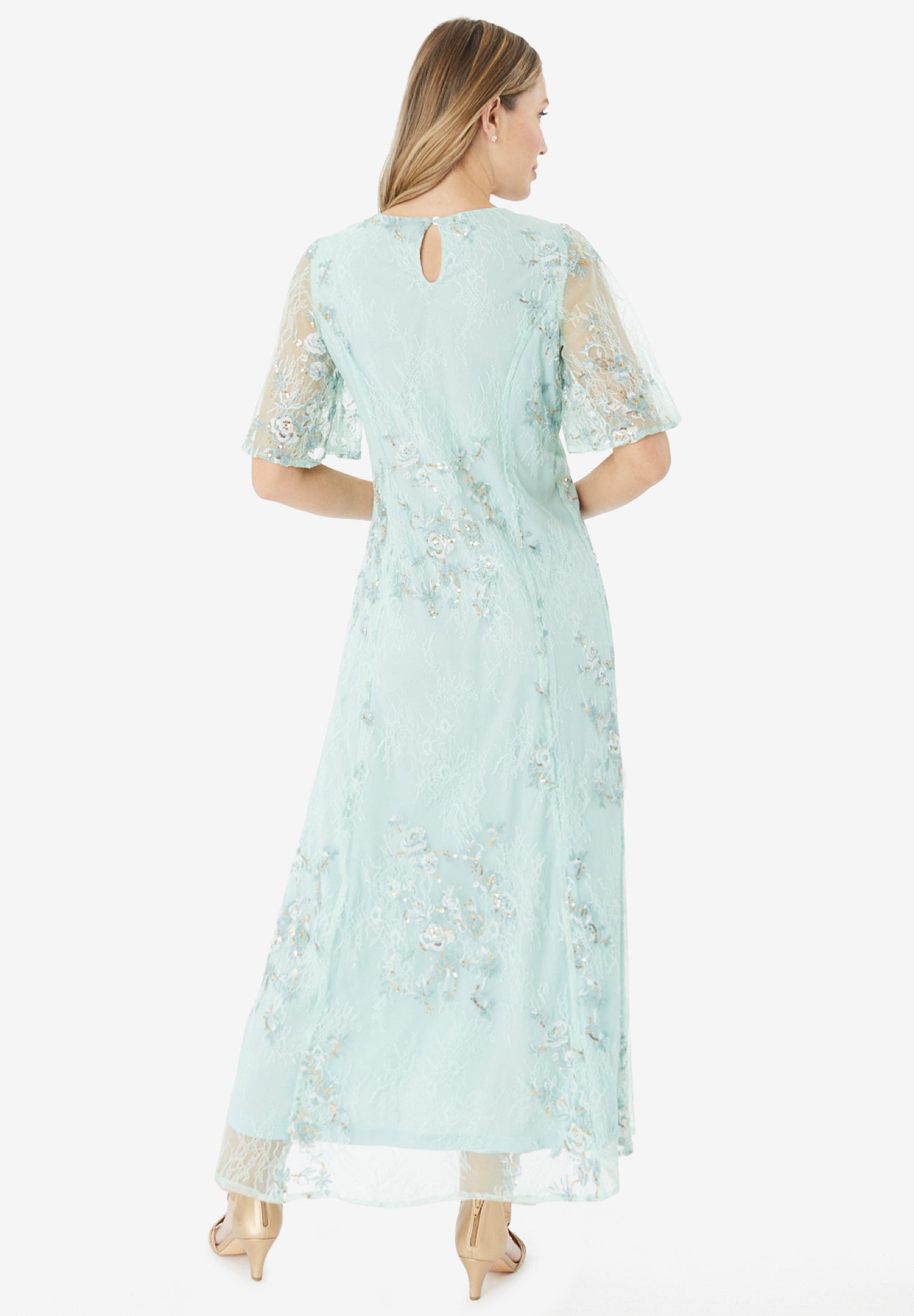 Plus-Size Flutter Sleeve Allover Embroidered Gown image number 1