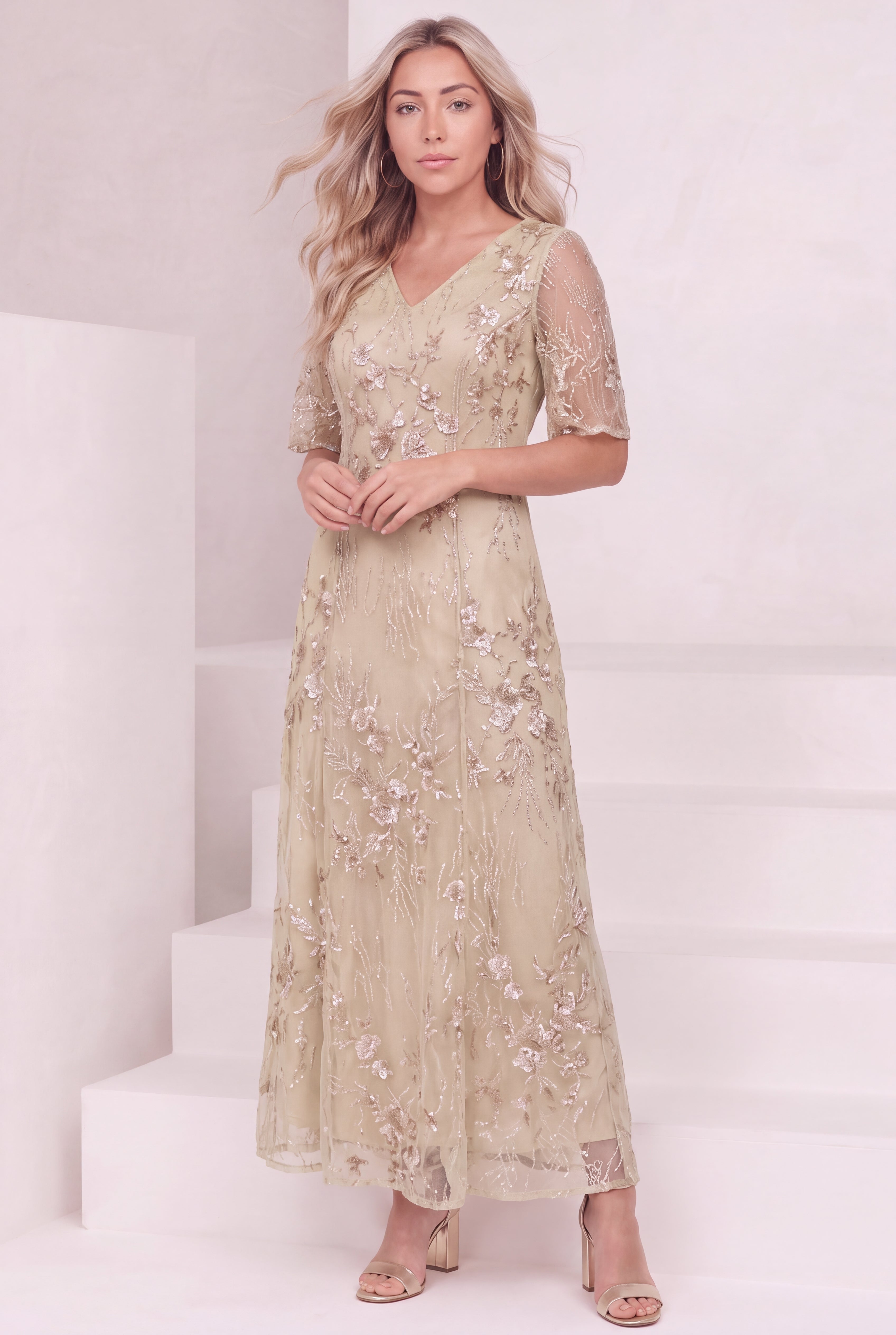 Plus-Size Flutter Sleeve Allover Embroidered Gown image number 0