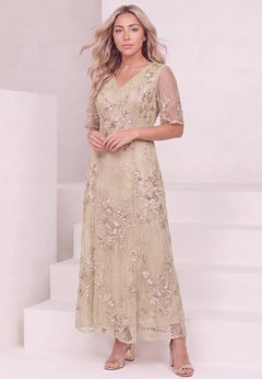 Plus-Size Flutter Sleeve Allover Embroidered Gown
