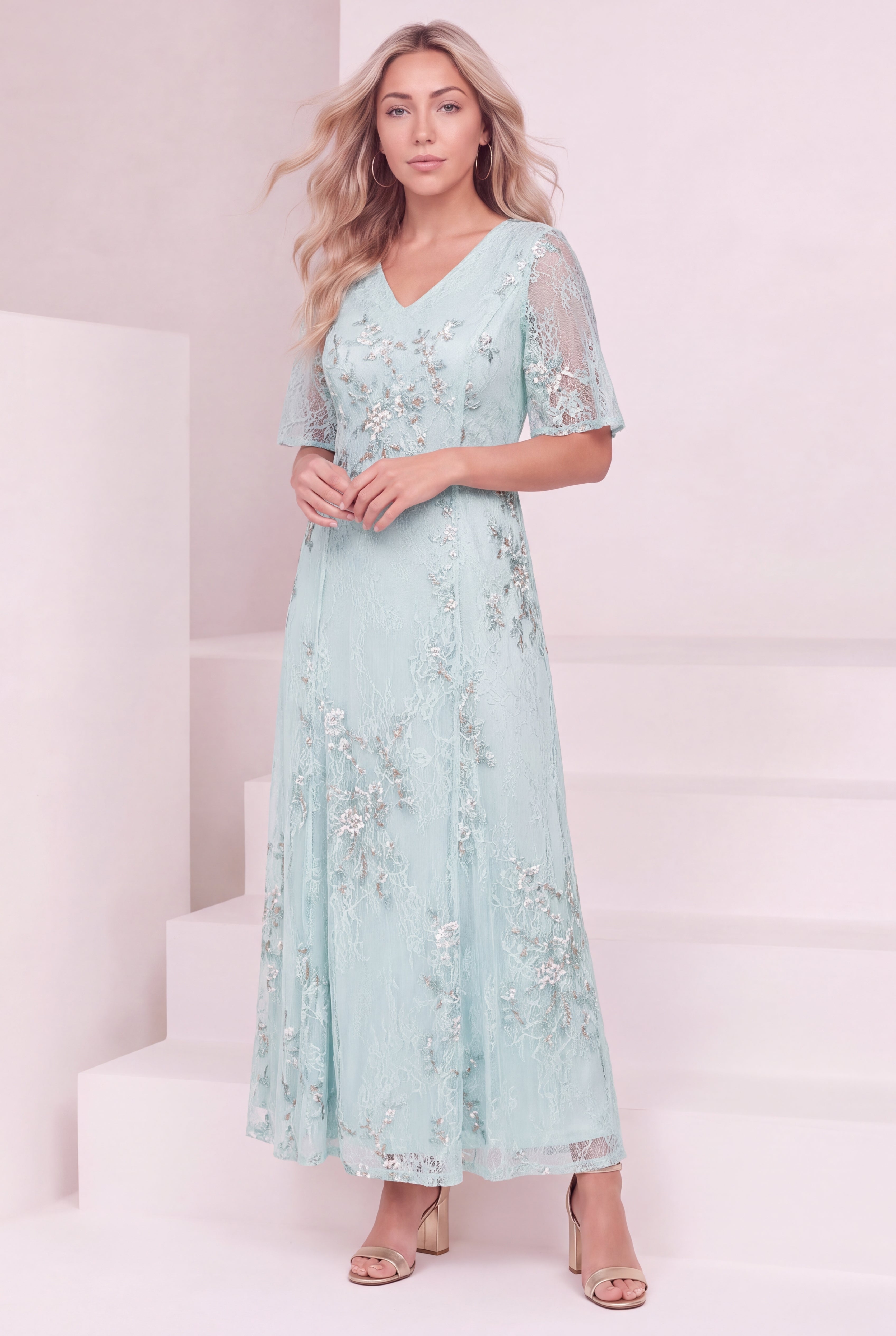 Plus-Size Flutter Sleeve Allover Embroidered Gown image number 0