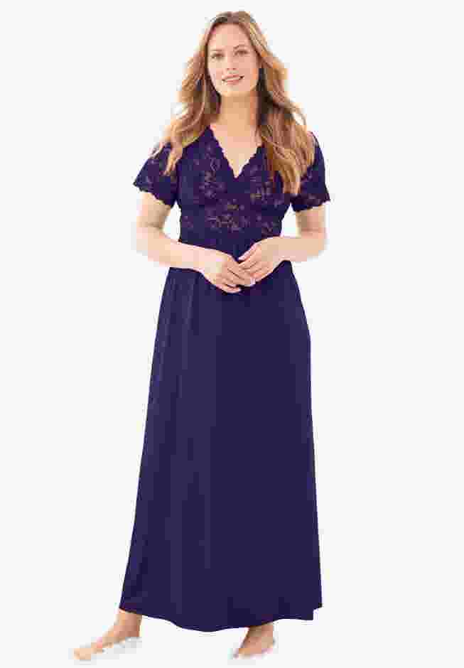Long Lace Top Stretch Knit Gown image number 0