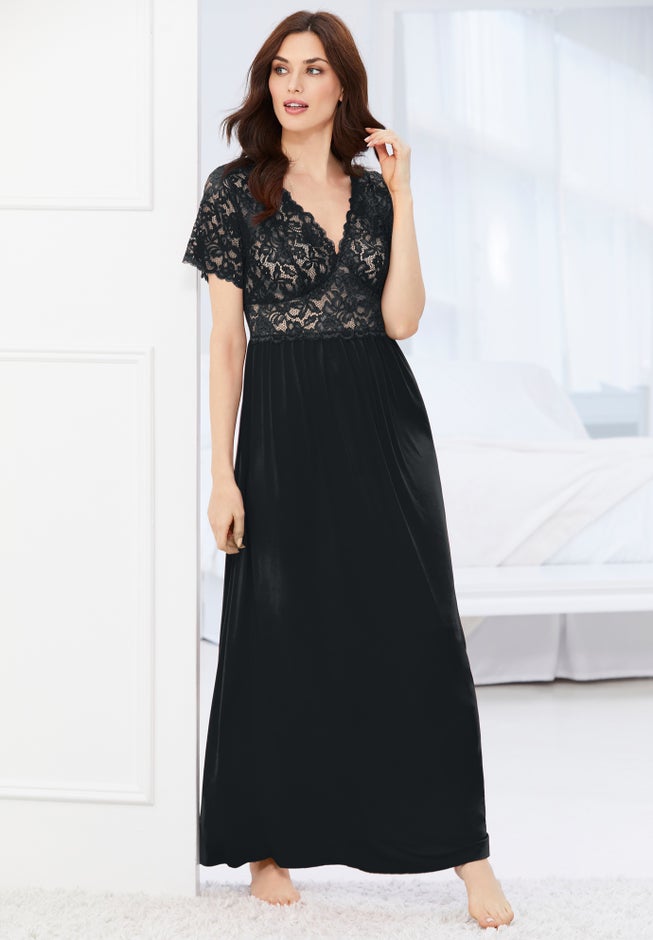 Long Lace Top Stretch Knit Gown image number 0
