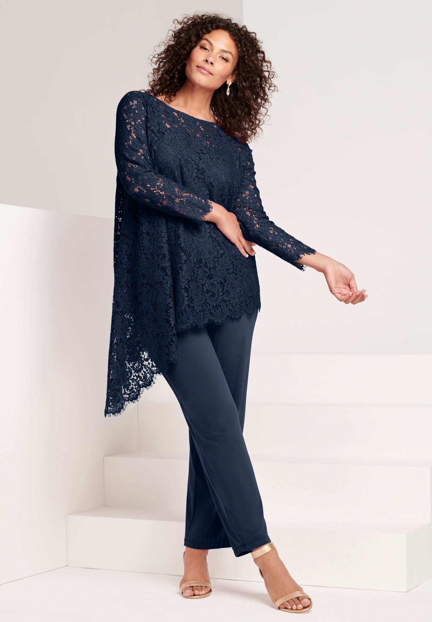 Plus-Size Asymmetrical Lace Pant Set &ndash;Long Sleeve Lace Scalloped Tunic & Elastic Waist Pants image number 0