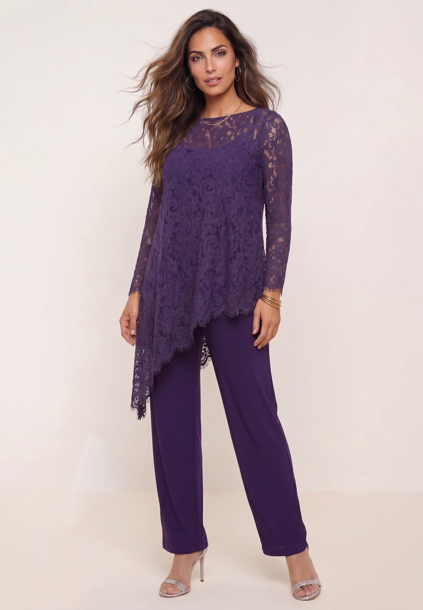 Plus-Size Asymmetrical Lace Pant Set &ndash;Long Sleeve Lace Scalloped Tunic & Elastic Waist Pants image number 0