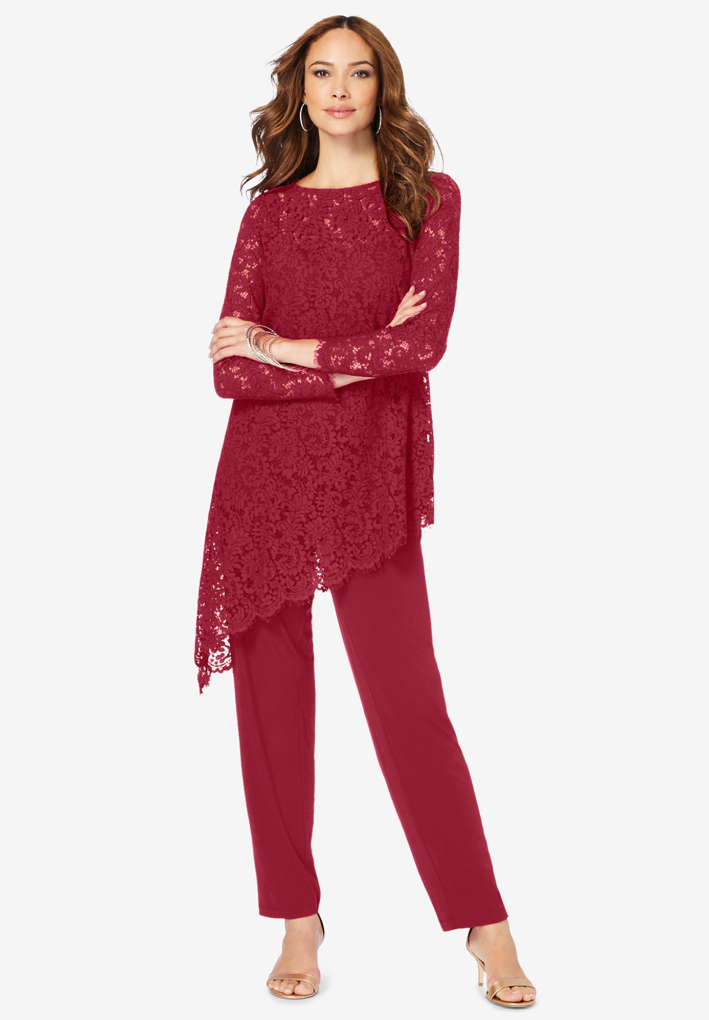 Plus-Size Asymmetrical Lace Pant Set –Long Sleeve Lace Scalloped Tunic & Elastic Waist Pants image number 0