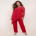 Plus-Size Asymmetrical Lace Pant Set &ndash;Long Sleeve Lace Scalloped Tunic & Elastic Waist Pants image number null