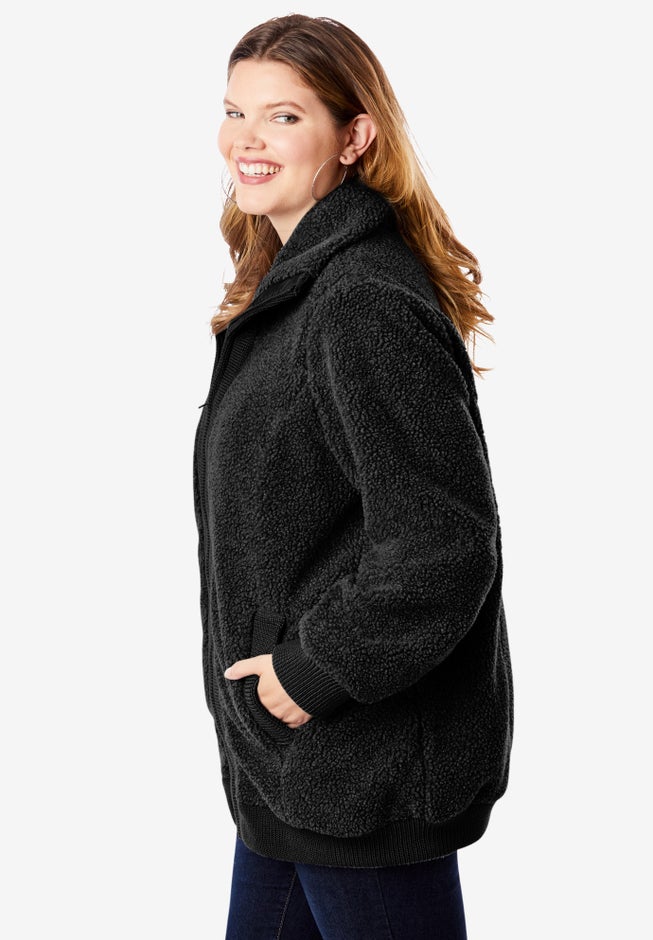 Plus Size High Collar Teddy Fleece Bomber image number 3