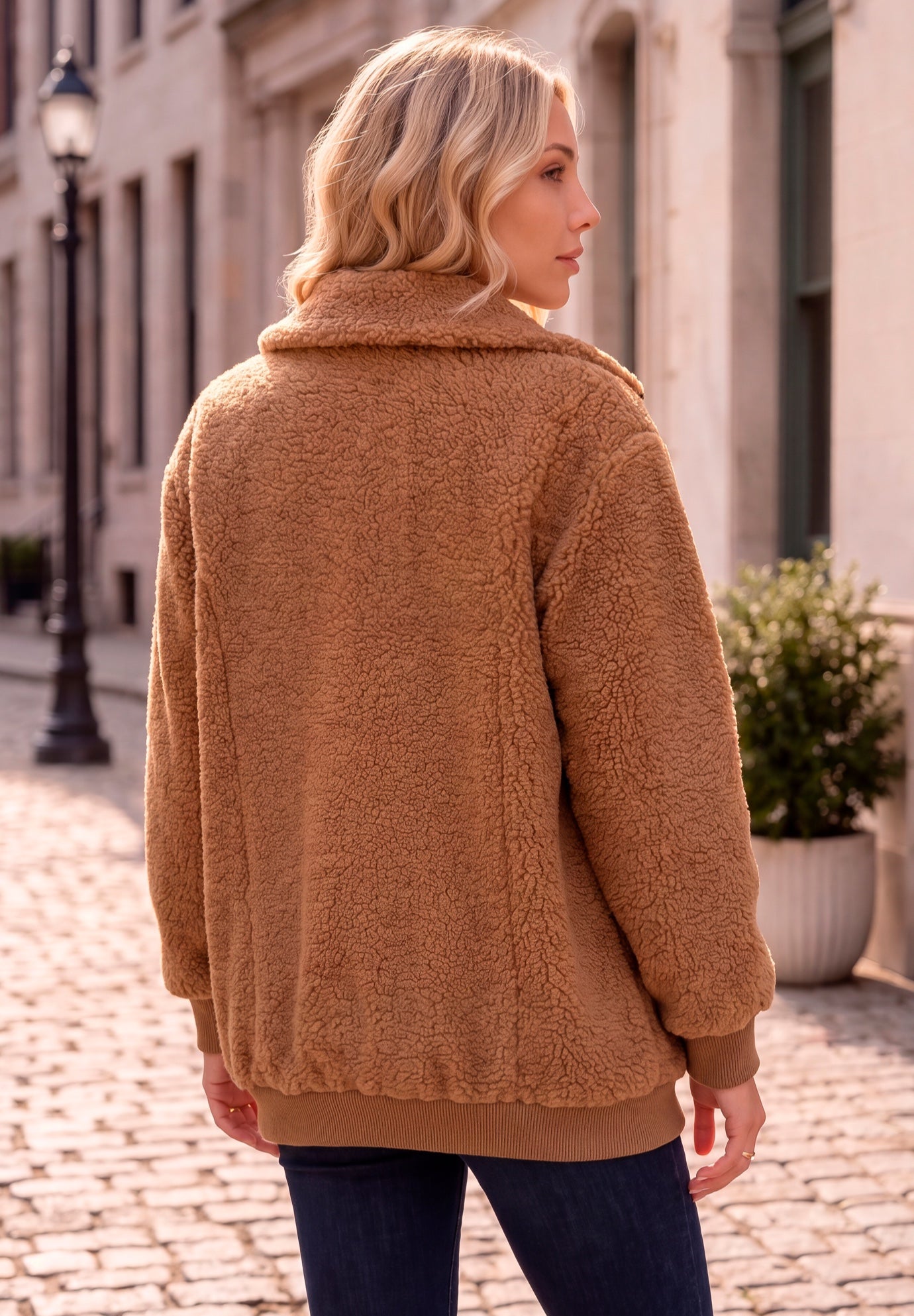 Plus Size High Collar Teddy Fleece Bomber image number 2