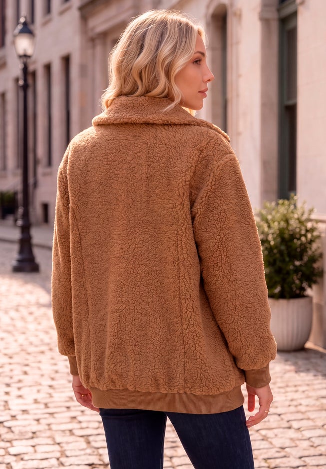 Plus Size High Collar Teddy Fleece Bomber image number 2