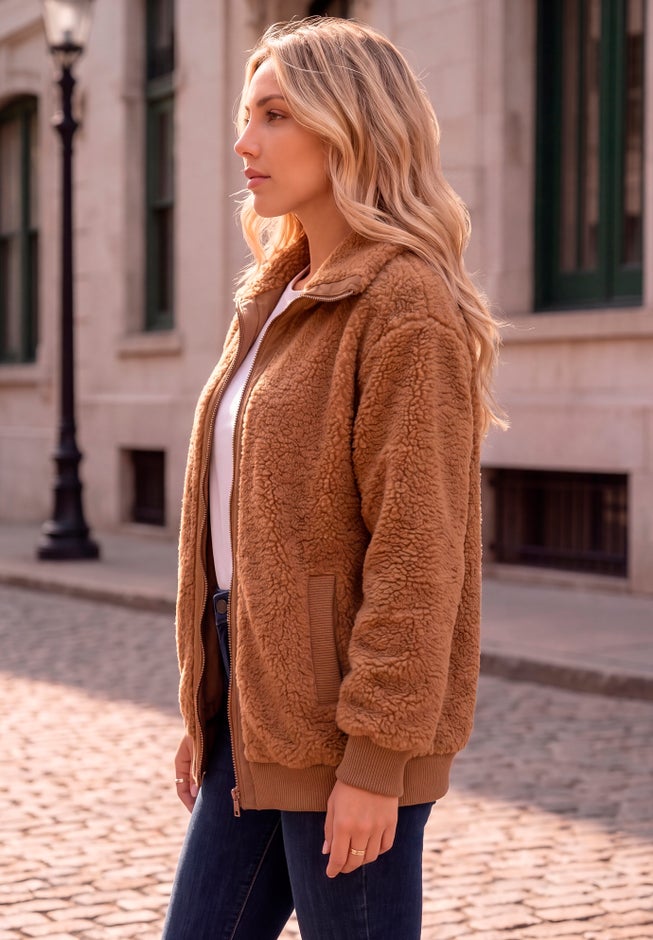 Plus Size High Collar Teddy Fleece Bomber image number 3