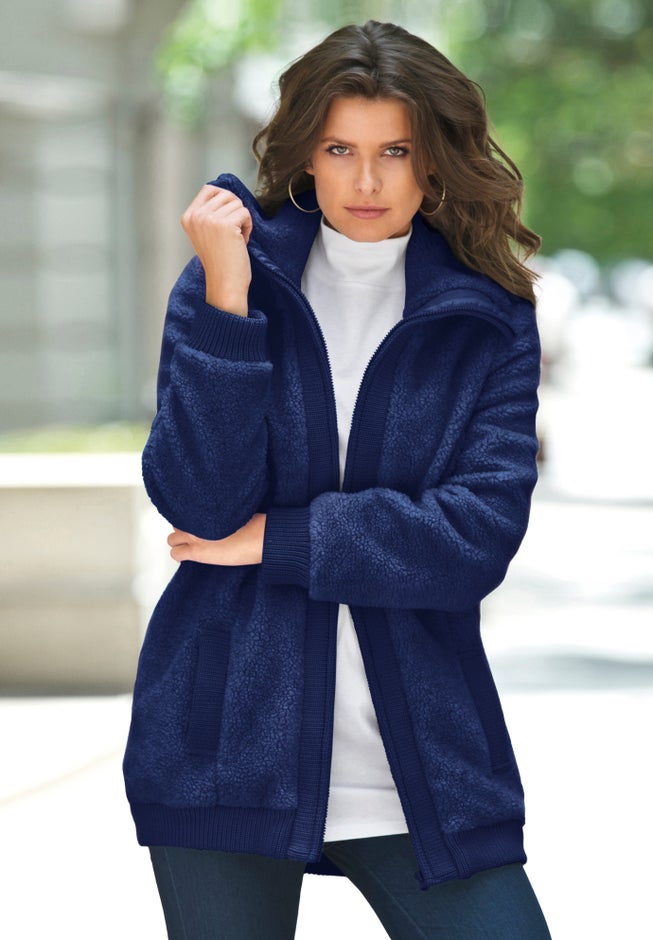 Plus Size High Collar Teddy Fleece Bomber image number 6