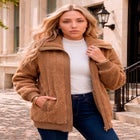 Plus Size High Collar Teddy Fleece Bomber image number 0