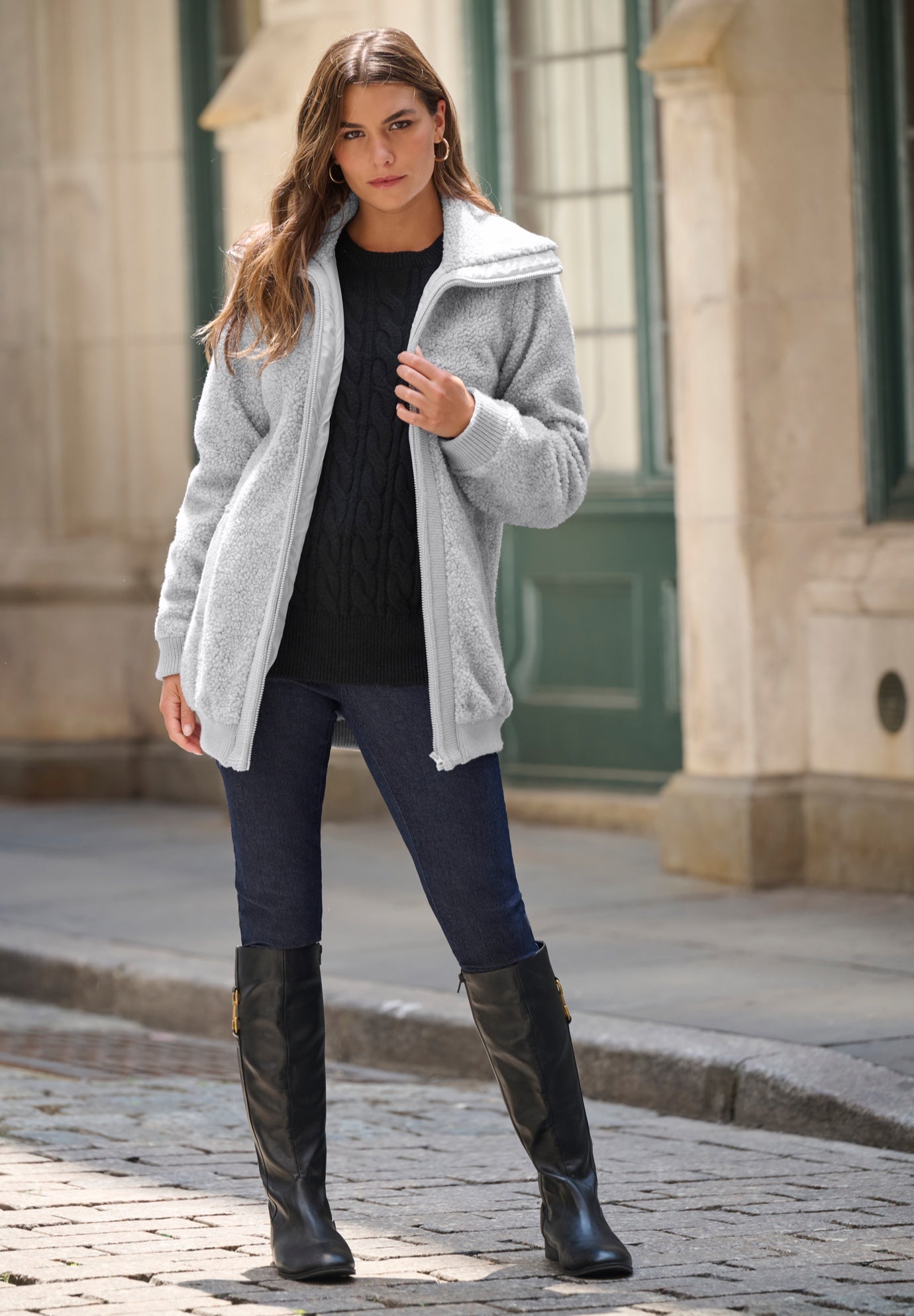 Plus Size High Collar Teddy Fleece Bomber image number 1