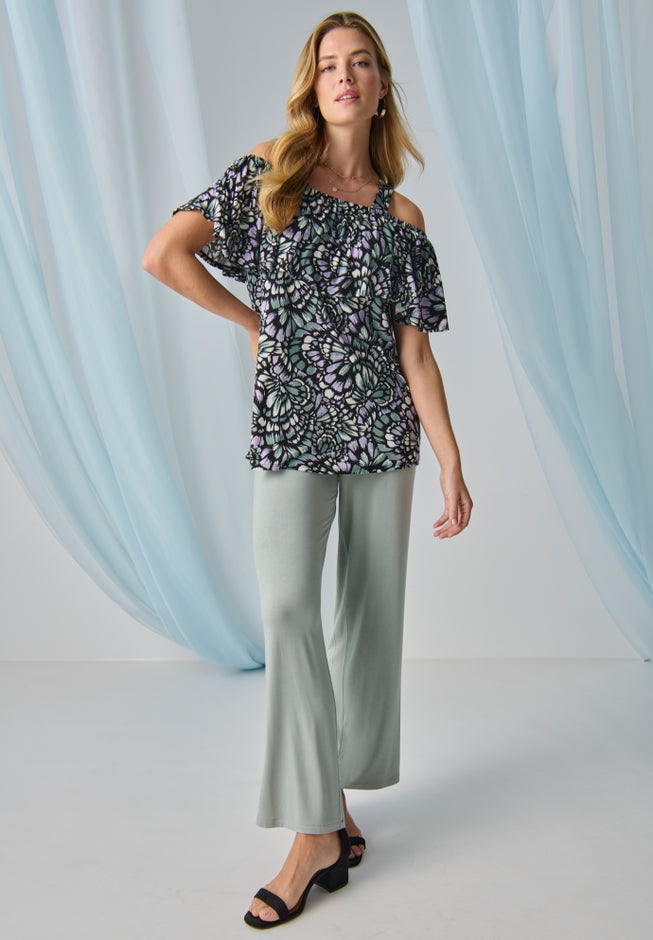 Stretch Knit Cold Shoulder Ruffle Tunic image number 2