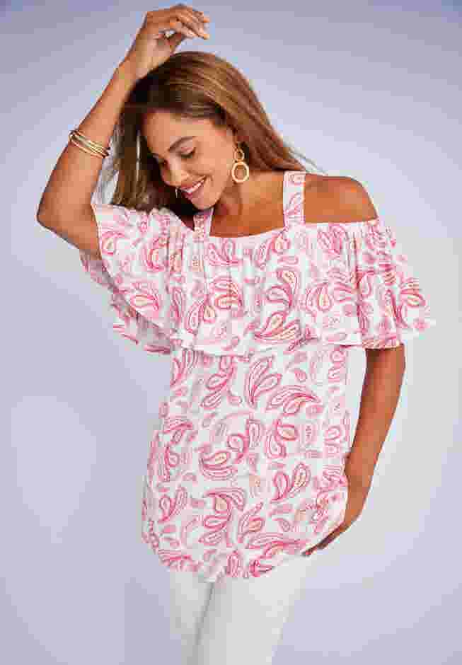Stretch Knit Cold Shoulder Ruffle Tunic image number 1