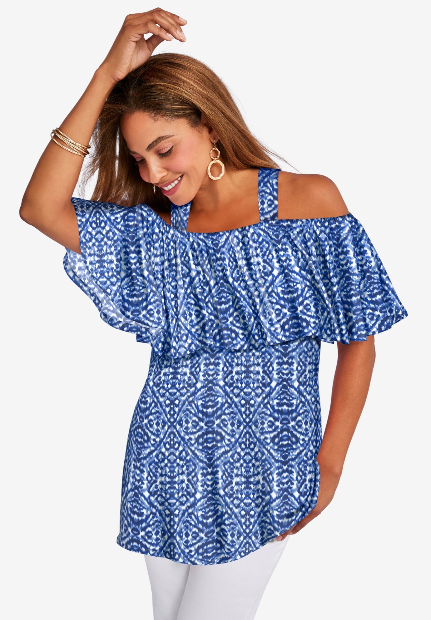 Stretch Knit Cold Shoulder Ruffle Tunic image number 0