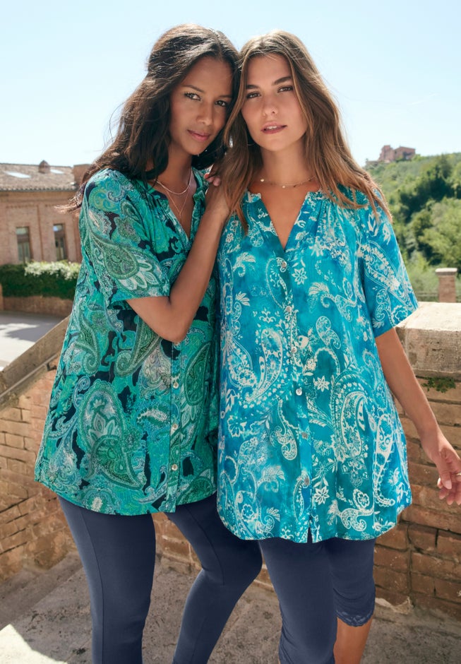 Plus Size Angelina Crinkle Crepe Y-Neck Short Sleeve Tunic image number 1