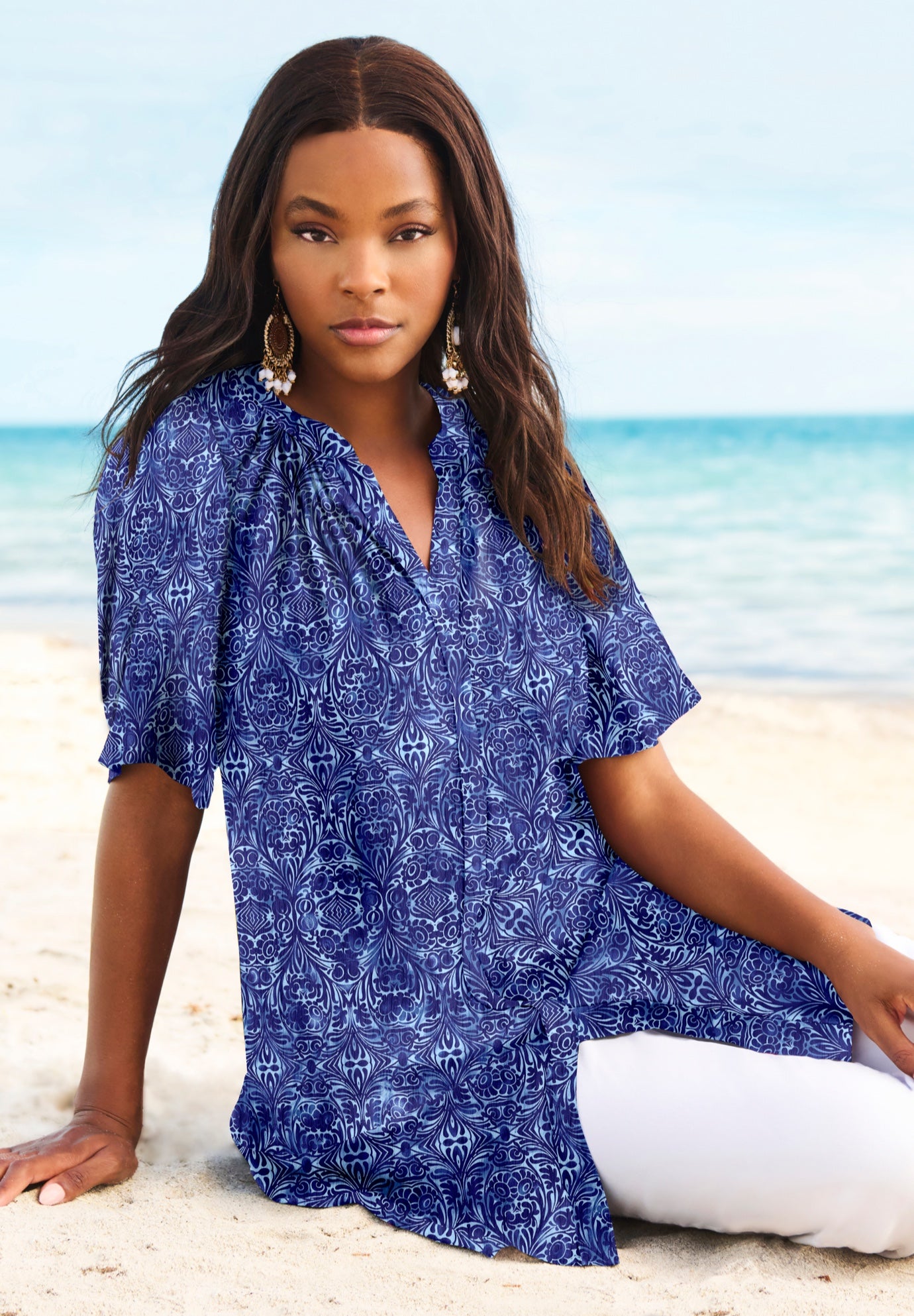 Plus Size Angelina Crinkle Crepe Y-Neck Short Sleeve Tunic image number 0